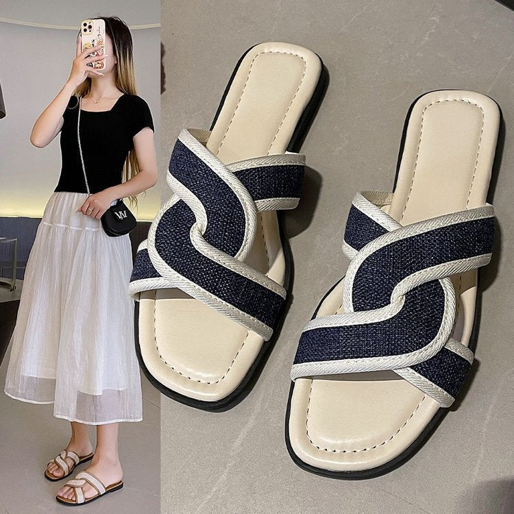 Color matching cross flat beach shoes women