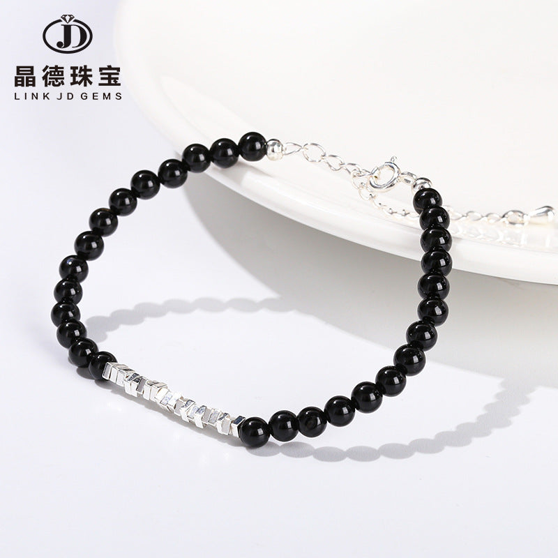 7A Natural Black Agate Broken Silver Bracelet