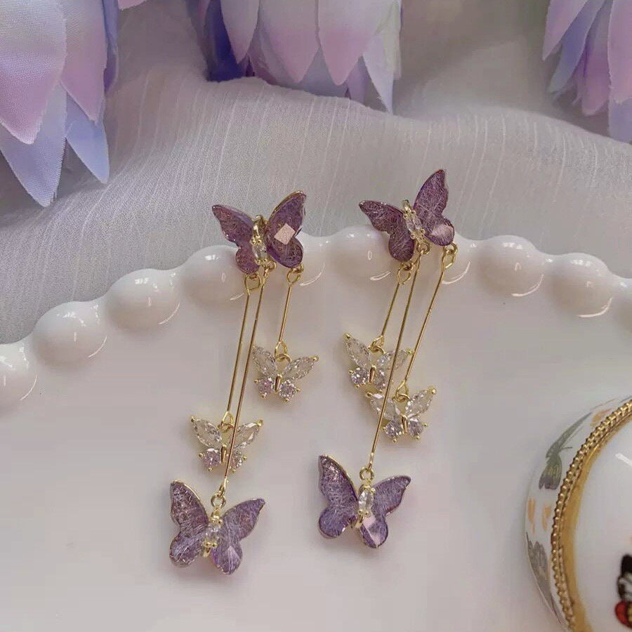 Purple butterfly long fringed earrings