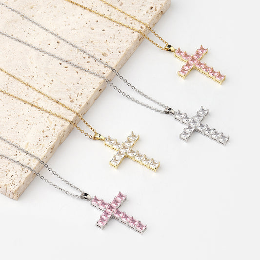 Cross pendant necklace full of diamonds square zircon