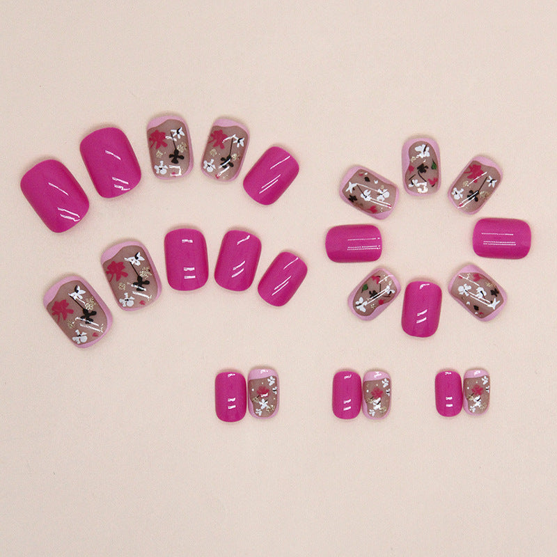 Short Square Magenta Floral Fake Nails