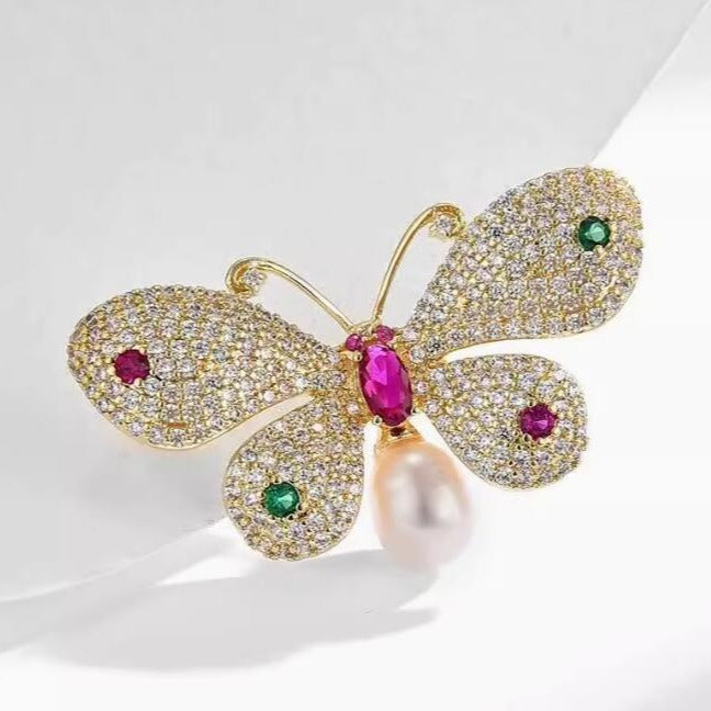 Colored Sparkling Diamond Pearl Butterfly Brooch