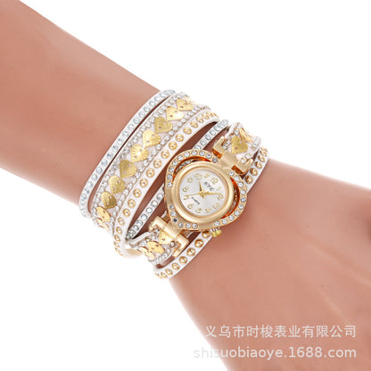 Wrap-Around Diamond-Embedded Bracelet Watch Heart Dial