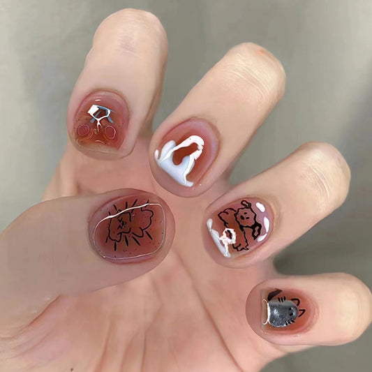 Short Milk Heart Puppy Fake Nails