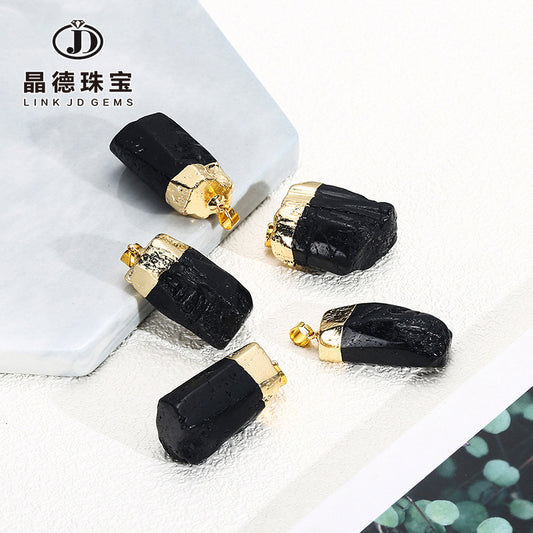 Natural black tourmaline rough stone electroplated gold edge pendant