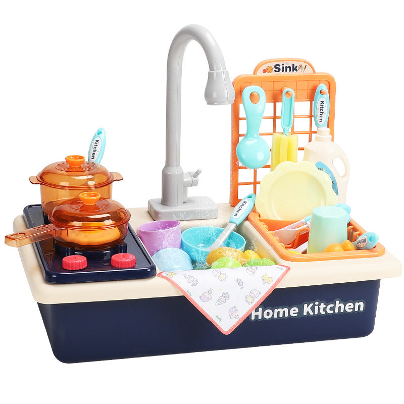 Children's Pretend Play Dishwasher with Dishwashing Basin, Circulating Water, Stove, Baby Pretend Play Kitchen Toy