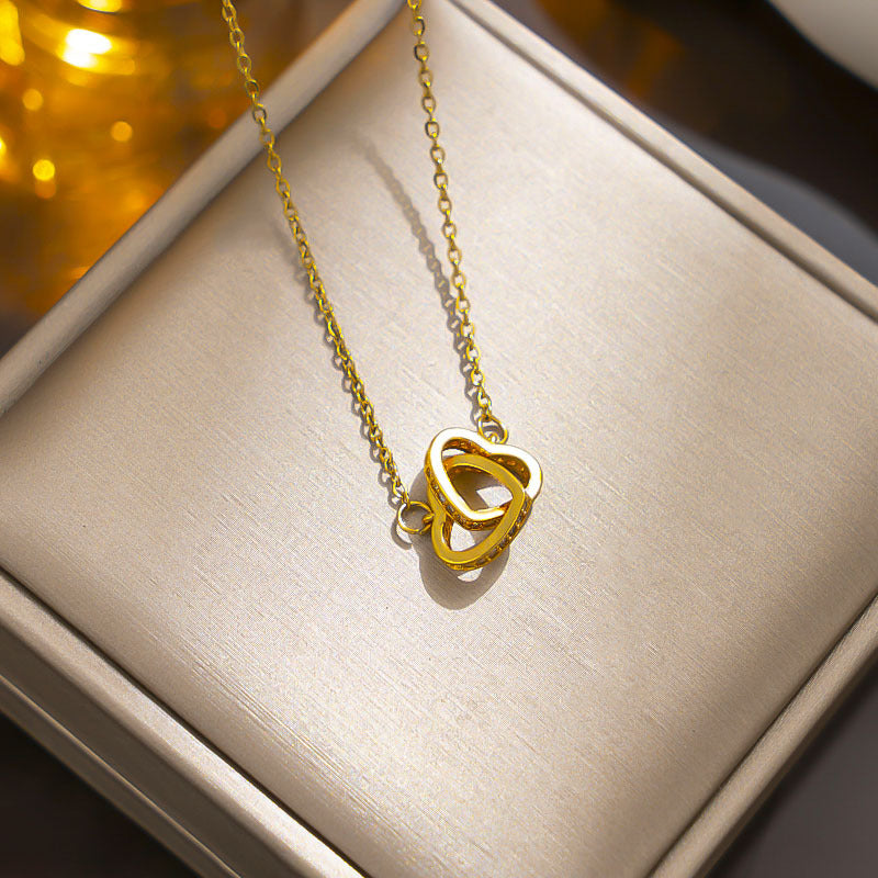 Heart Double-ring Titanium Steel Necklace, 18K Gold, Elegant Design, Collarbone Chain Accessory