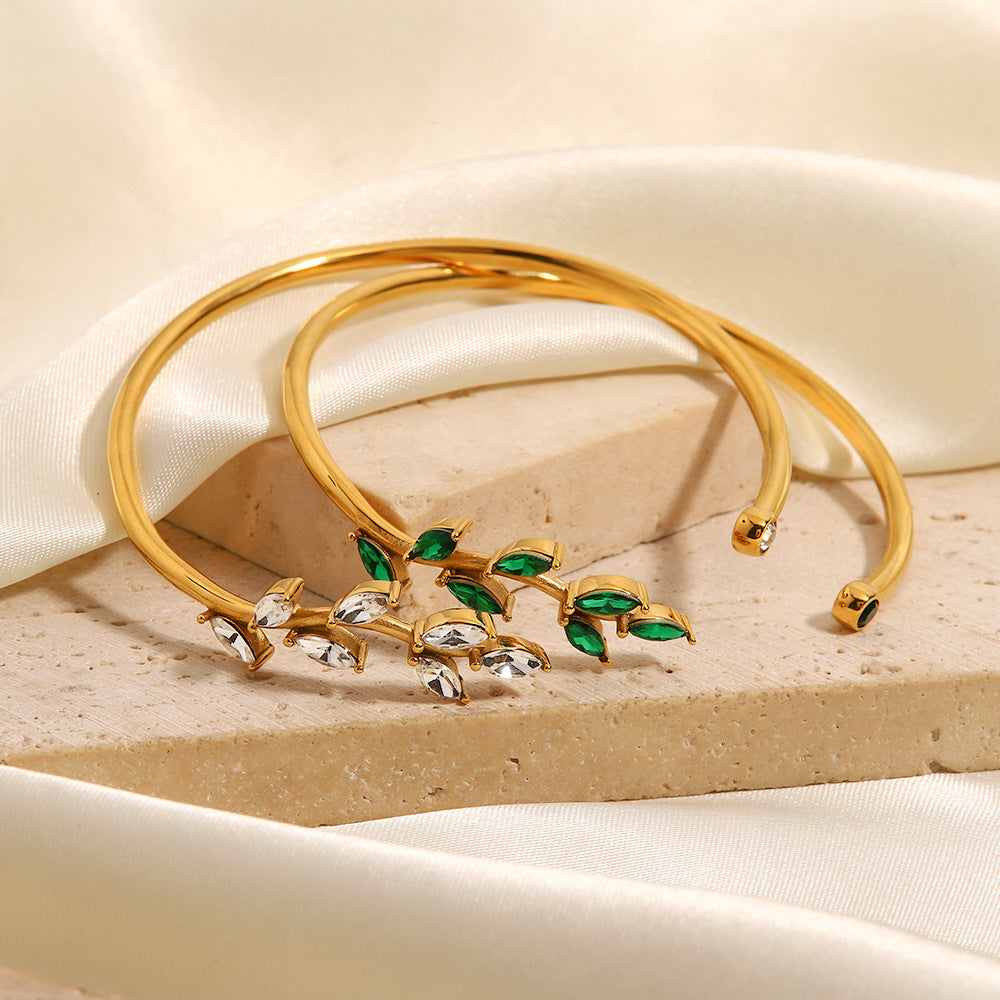 Green Zirconia Leaf Open Bracelet