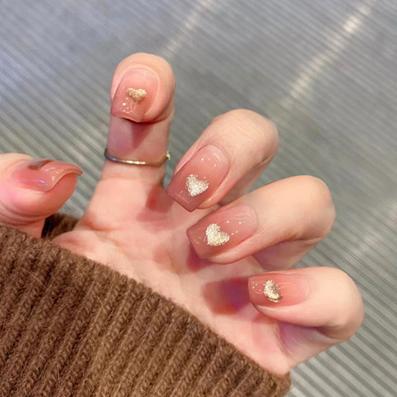 Gradient Glitter Gold Heart Nails