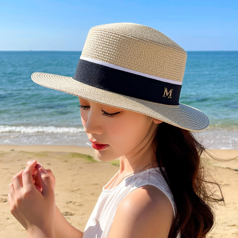 Trend Flat Brim Woven Straw Sun Hat Women Summer Travel British Jazz UV Beach