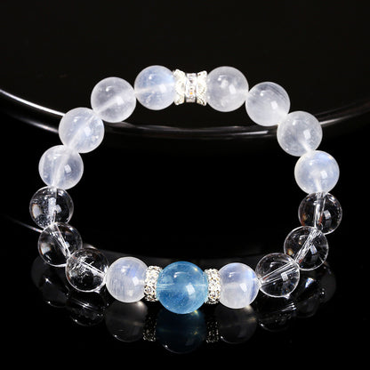 7A Natural White Crystal Blue Moonstone Round Bead Bracelet