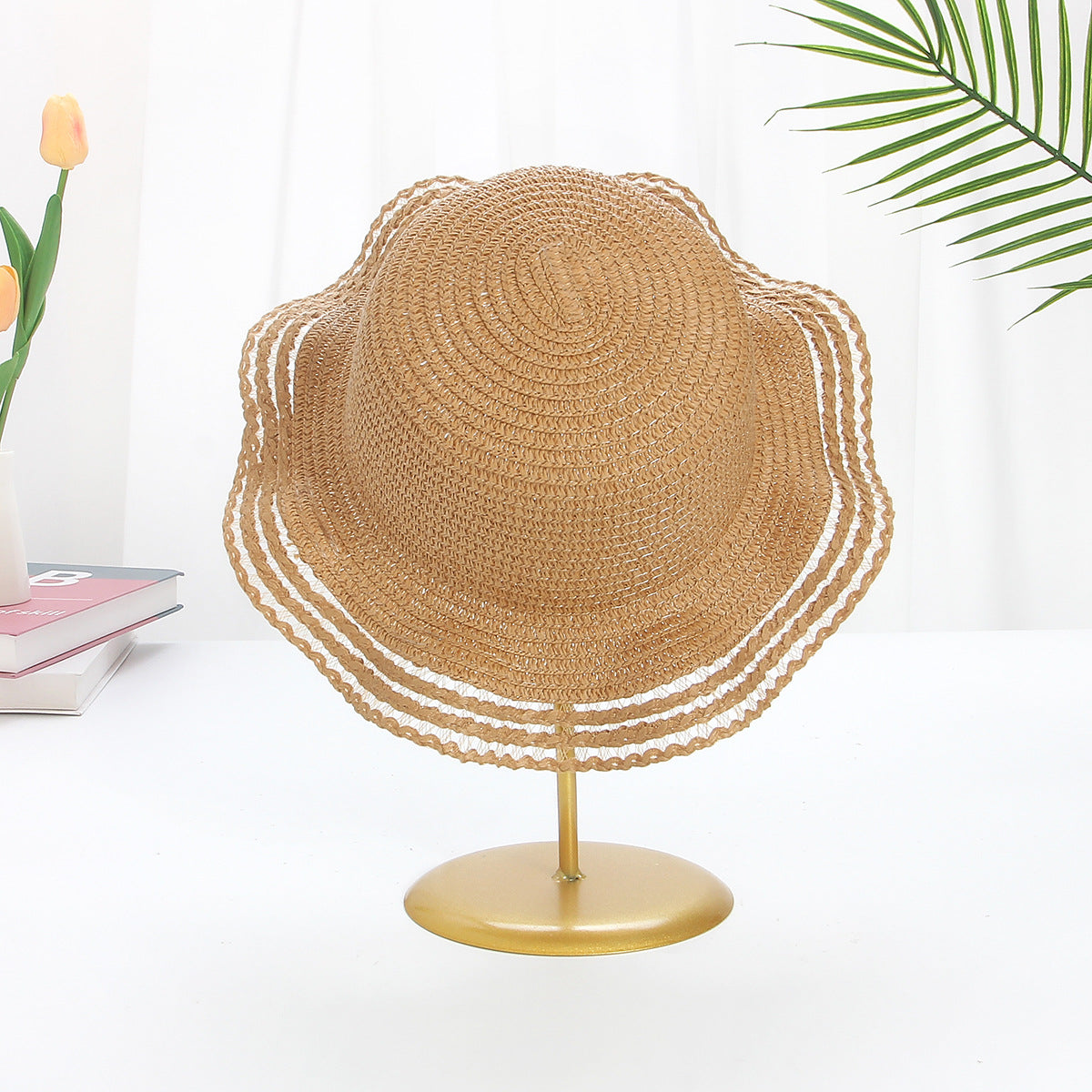 Sombrero de paja DIY en blanco de verano con ala grande ondulada y protección solar 