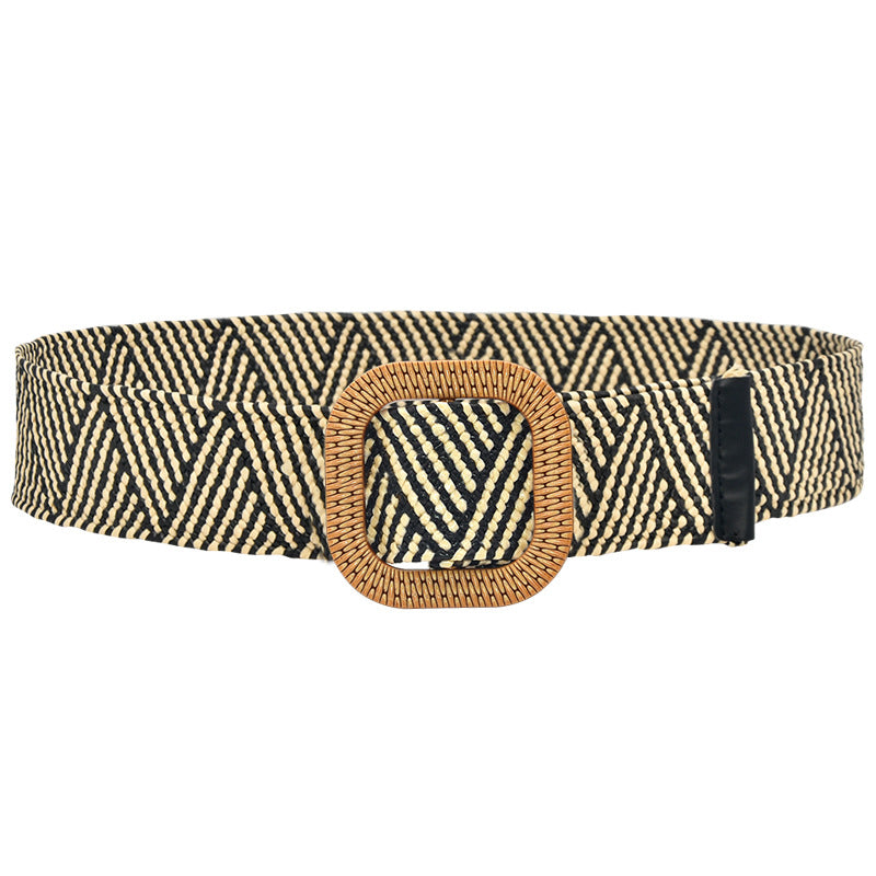 Woven Wooden Buckle Women's Waist Seal