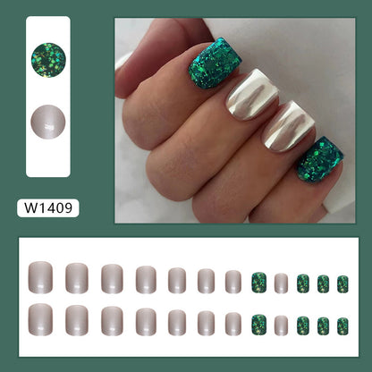 Short Dark Green Aurora Glitter Square Fake Nails