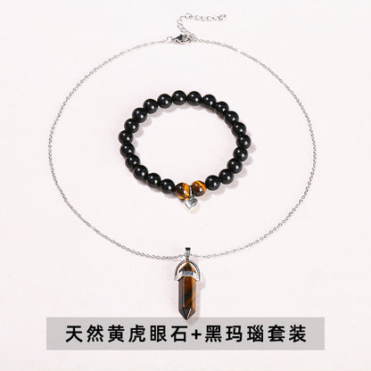 Hexagonal pillar pendant necklace round bead bracelet