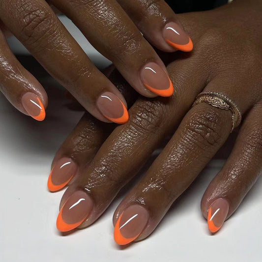 French Orange Short Almond Detachable Fake Nails