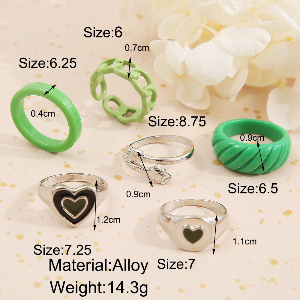 Green Heart Ring Set 6 Pieces