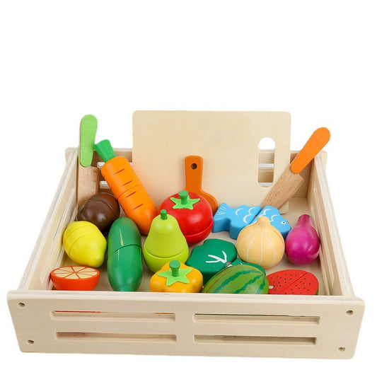 Wooden Box with Magnetic Vegetables and Fruits for Children's Kitchen Pretend Play Toy Cutting Fun