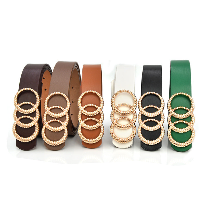 Three-ring buckle black PU belt for women