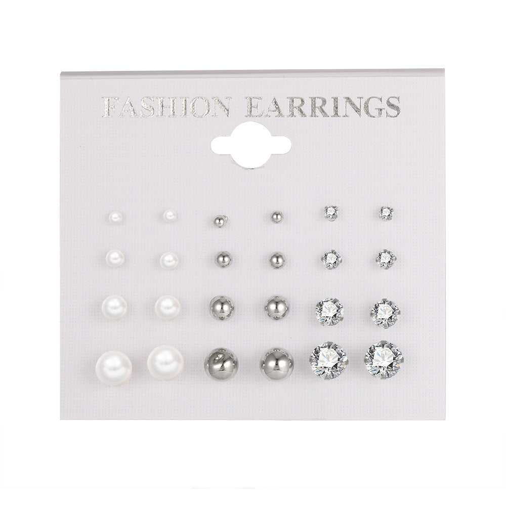 Metal Pearl Zircon Earring Set 12 Pairs