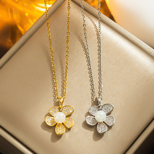 Mermaid Princess Pearl Flower Necklace, Titanium Gold Plated, Luxury Floral Collarbone Chain