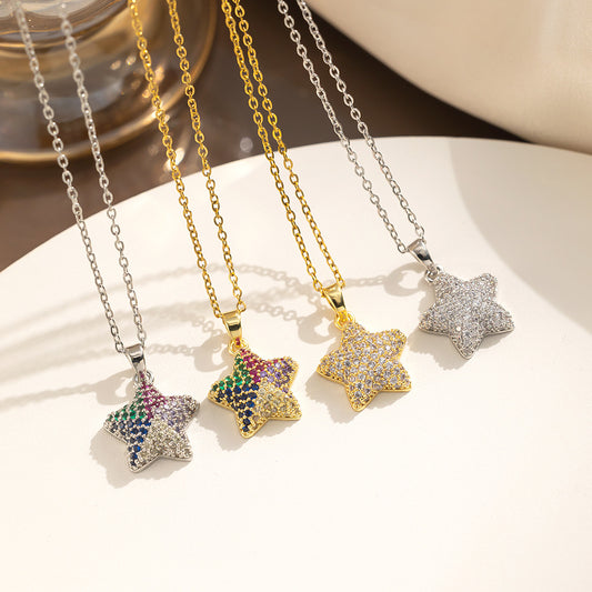 18K Gold Plated Star Pendant Necklace with Zirconia, Trendy Cross-Border Item