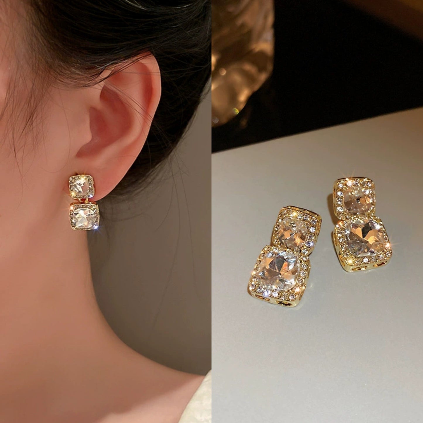 Exquisitos y modernos pendientes cuadrados con diamantes brillantes. 