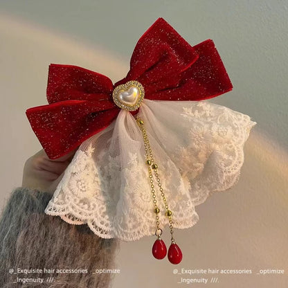 Sweet Lace Red Bow Barrette Rhinestone Hairpin