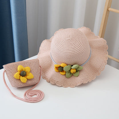 Kids Sun Hat Girls Spring Summer New Straw Purse UV Wide Brim