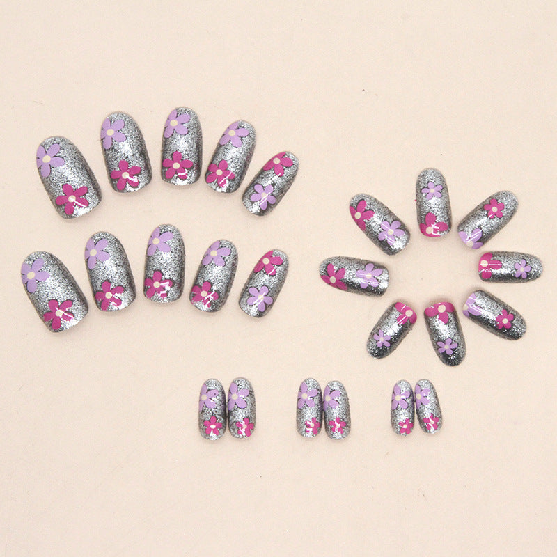 Silver Glitter Dual Flower Pink Purple Nails