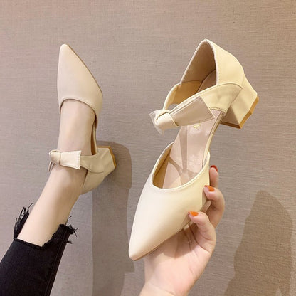 Thick Heel Pointed Bow Shoes