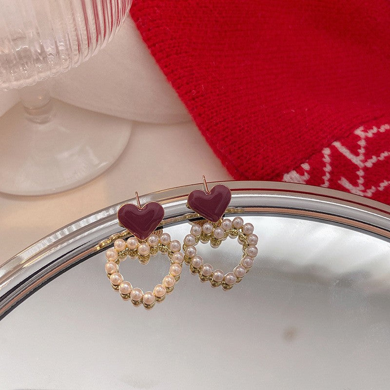 Red love pearl earrings