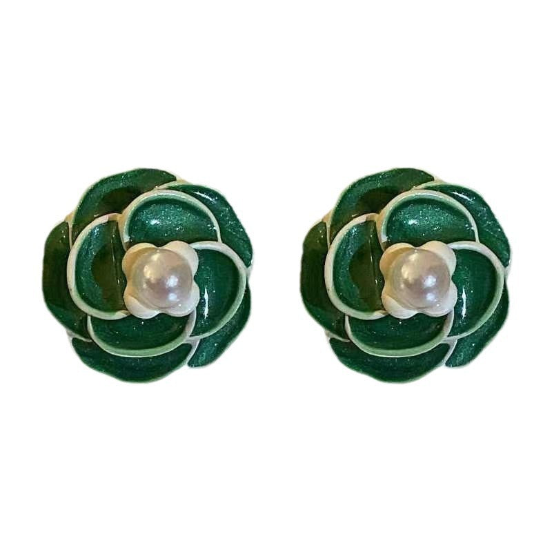 Camellia green oil stud earrings