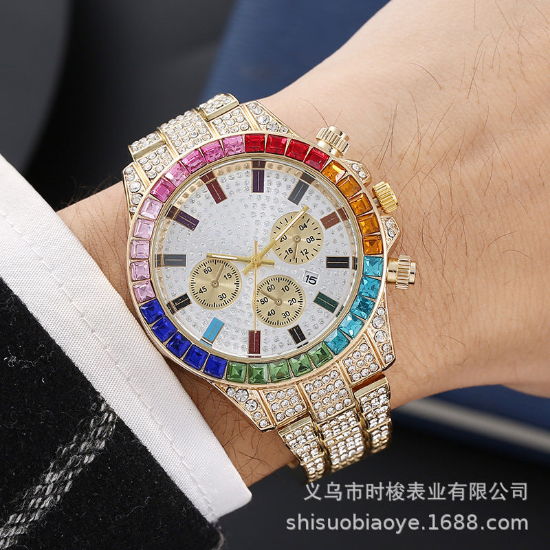 Three-Eye Colored Rhinestone Men's Watch