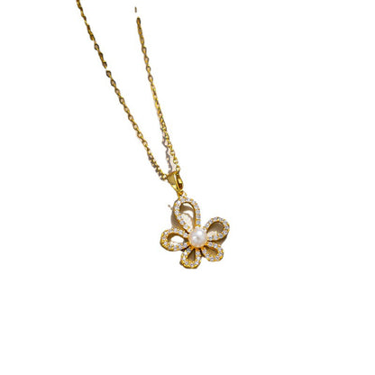 Korean Style Floral Necklace with Pearl Pendant