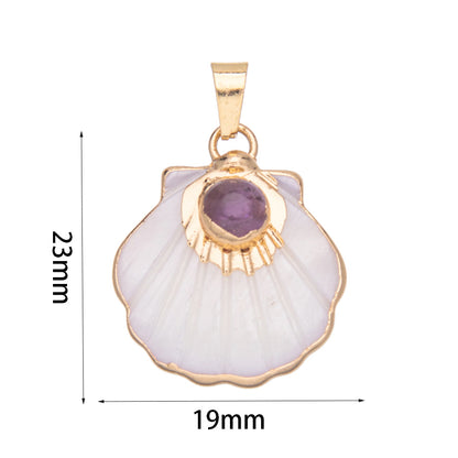 Shell inlaid natural stone fan-shaped gold-rimmed pendant