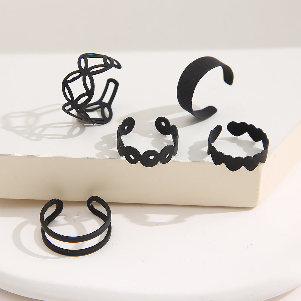 Hollow Black Geometric Ring 5-Piece Set