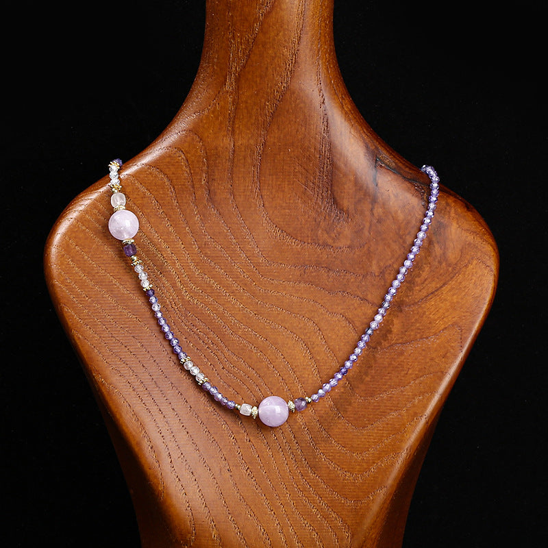 Natural purple jade cut zircon round beads necklace