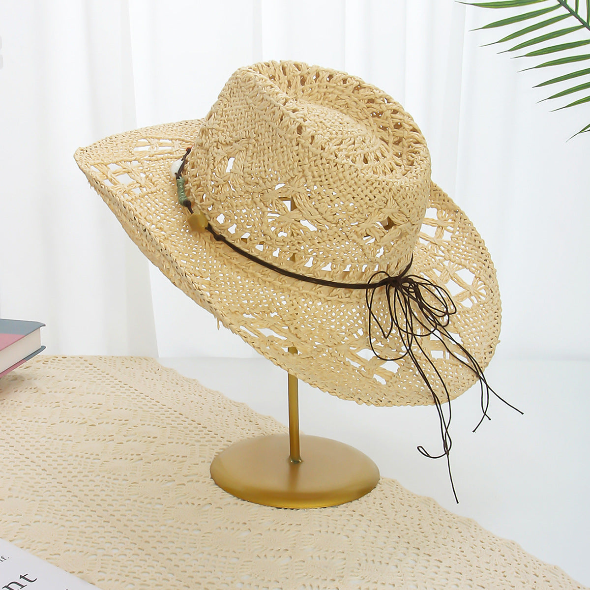 Denim Straw Wide Brim Beach Hat