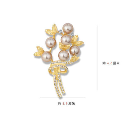 Leaf imitation pearl bouquet brooch