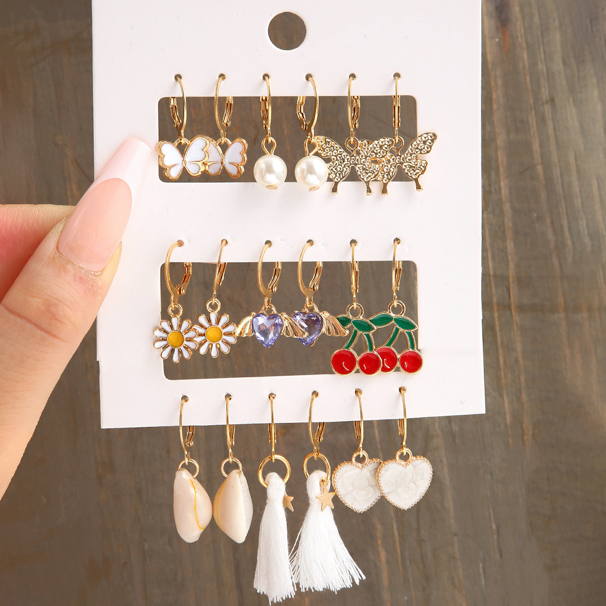 Earrings Set 9 Pairs Butterfly Heart Cherry Pearl