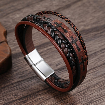 Personalized Magnetic Closure Brown Leather Bracelet for Men