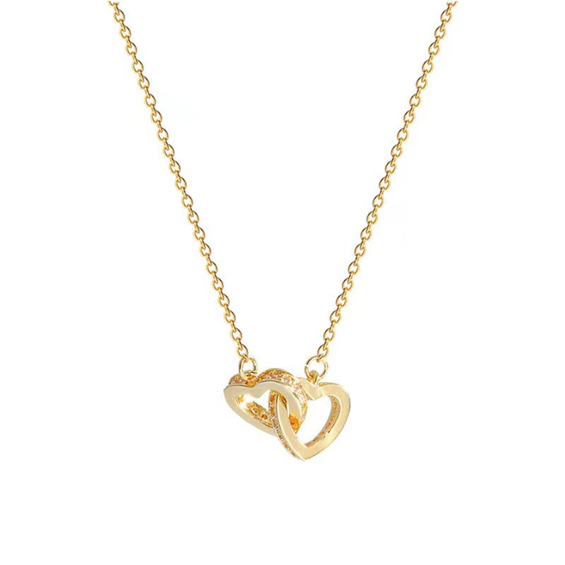 Heart Double-ring Titanium Steel Necklace, 18K Gold, Elegant Design, Collarbone Chain Accessory