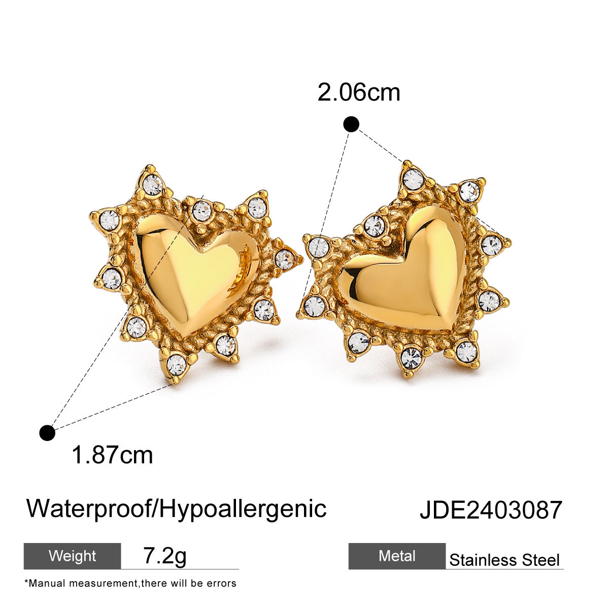 Pendientes de corazón de acero inoxidable en oro de 18 quilates con diamantes de imitación 