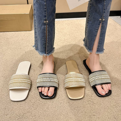 Flat-bottomed rhinestone pearl slippers