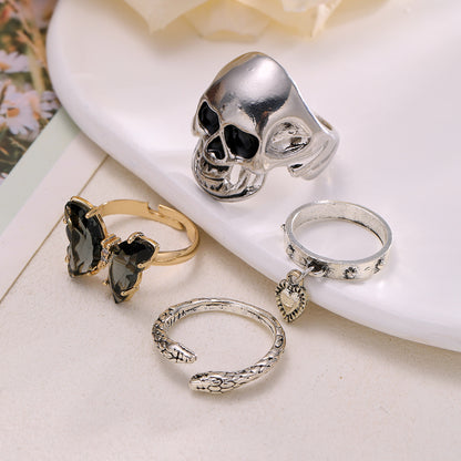 Antique silver snake butterfly ring 4-piece set