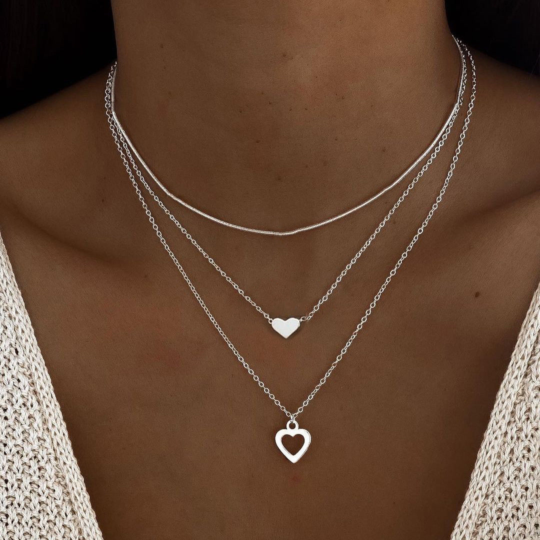 Double Heart Pendant Necklace 3-Piece Set