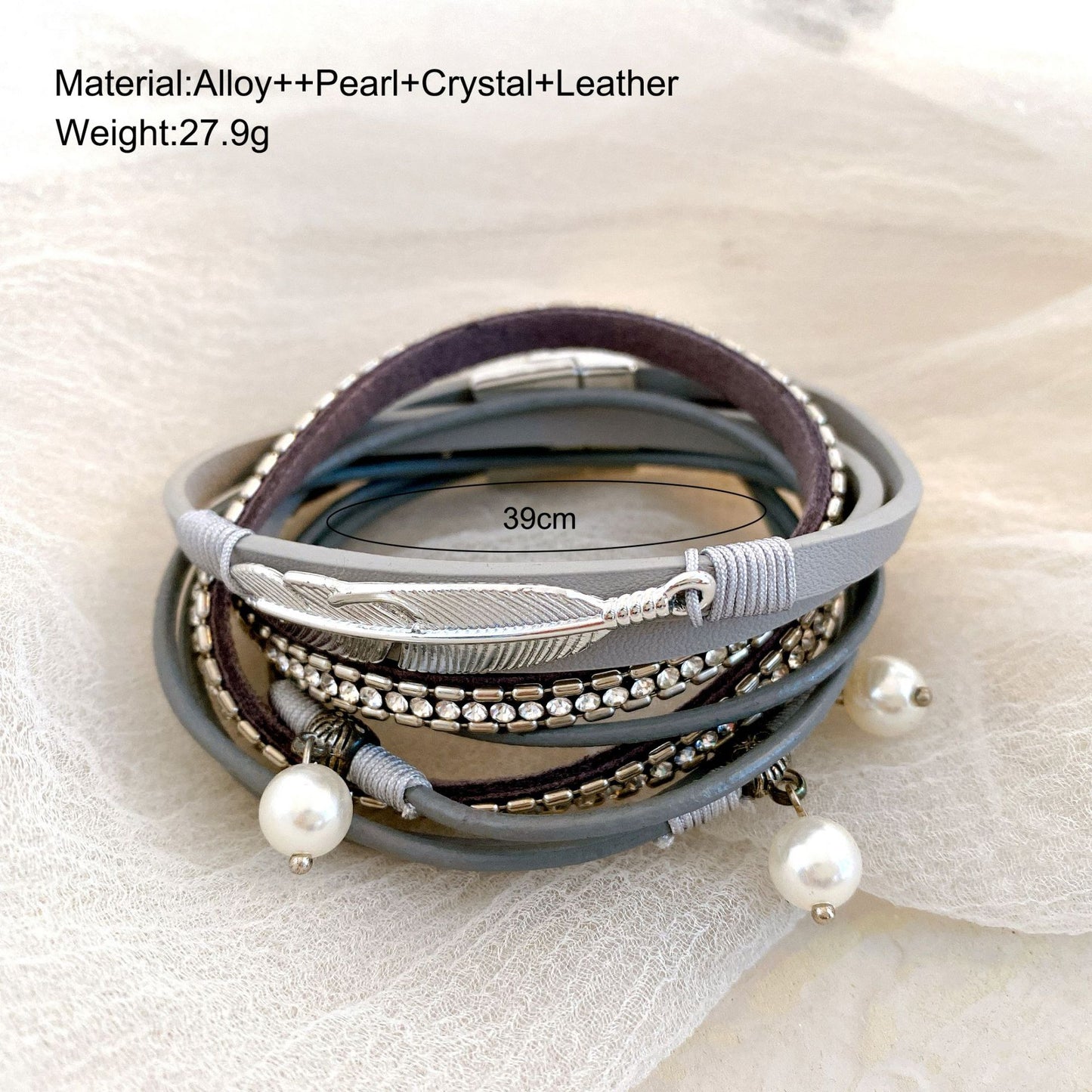 Diamond leaf pearl magnetic leather bracelet