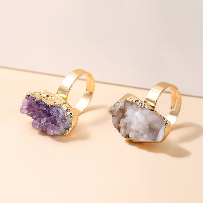 Natural amethyst cluster electroplated gold open ring