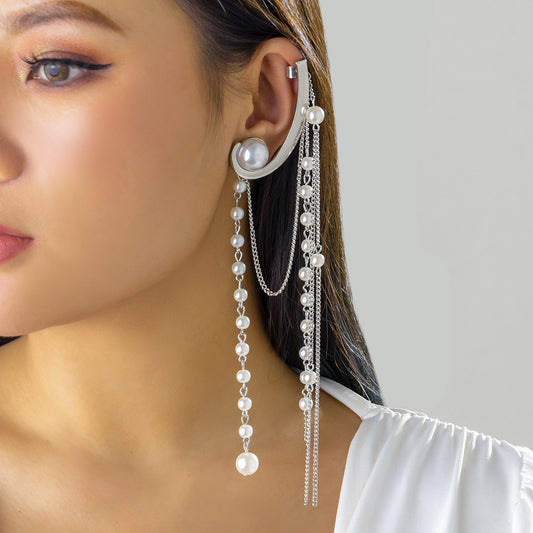 Long chain tassel imitation pearl stud earrings